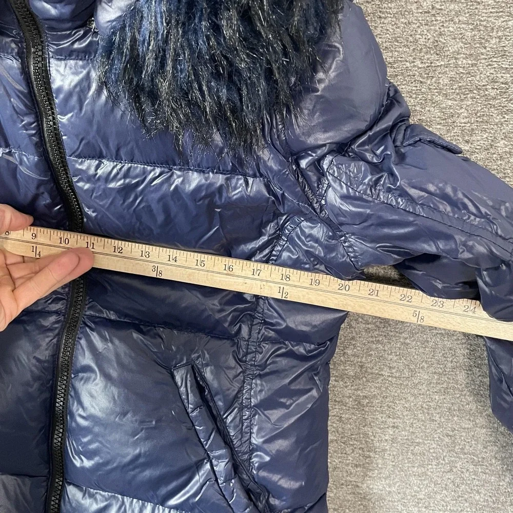 S13‎ NY Down Puffer Jacket Womens XL Blue Faux Fur Hood Short Zip Warm Winter